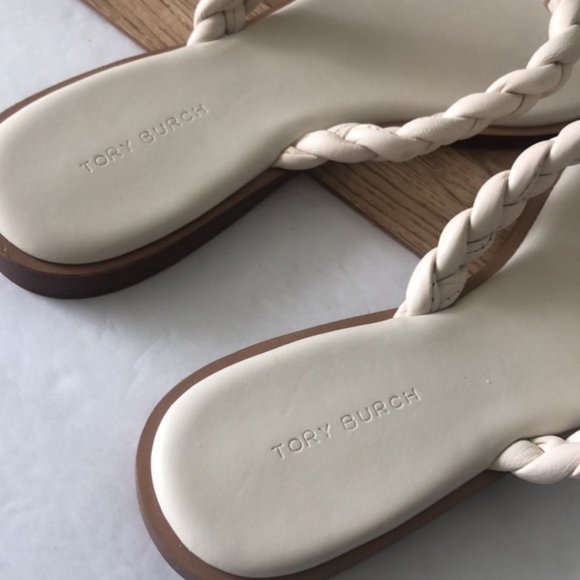 Tory Burch Ivory White Thong Braided Benton Sheep Plume Nappa Leather Sz.9 - Picture 5 of 16